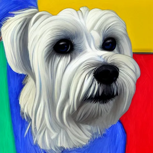 Prompt: intricate five star maltese dog facial portrait by pablo picasso, oil on canvas, hdr, high detail, photo realistic, hyperrealism, matte finish, high contrast, 3 d depth, centered, masterpiece, vivid and vibrant colors, enhanced light effect, enhanced eye detail, artstationhd