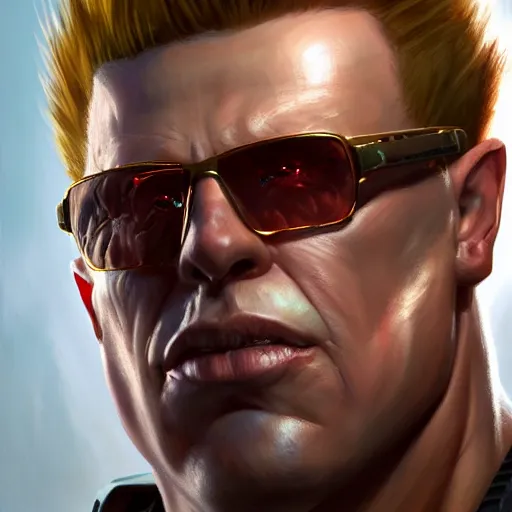 Image similar to close up portrait of duke nukem, backlit, painted by stanley lau, painted by greg rutkowski, painted by stanley artgerm, masterpiece, digital art, trending on artstation