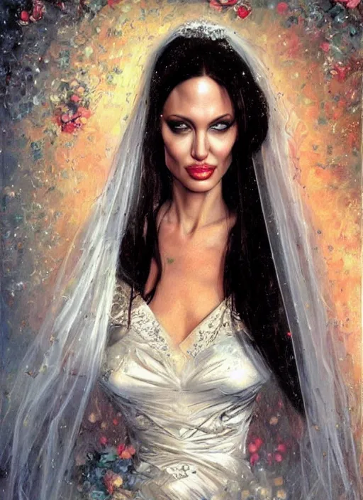 Image similar to Angelina Jolie as a bride at her wedding, wedding portrait art by Karol Bak