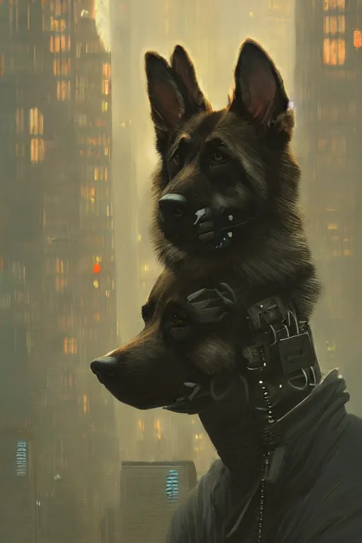 Image similar to new york city portrait of furry anthro anthropomorphic german shepard head animal person fursona wearing clothes strange cybernetic augmentations cyber muzzle robot body gloomy rainy cyberpunk digital art by Greg Rutkowski, Simon Stalenhag, trending on Artstation, CGSociety