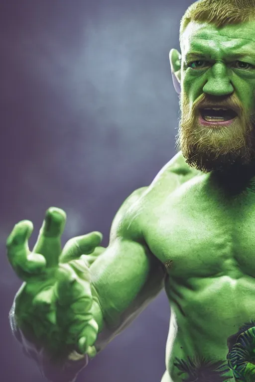 Image similar to connor mcgregor dressed like the hulk, 8 k, hdr, great light, gustave courbet, annie leibowitz
