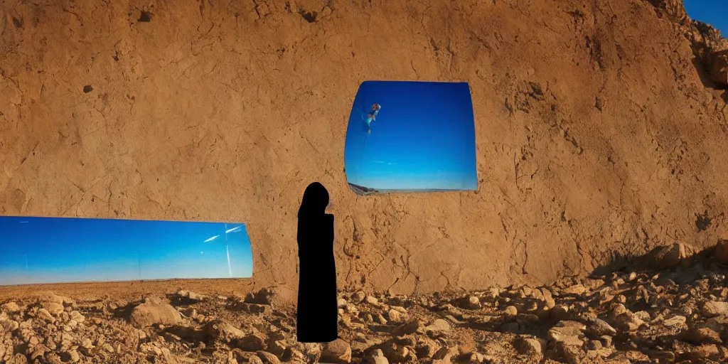Image similar to levitating woman with full - face golden mask in a dry rocky desert landscape, visible sky and sunny atmosphere, fata morgana and giant mirrors by alejandro jodorowsky, anamorphic lens, kodakchrome, practical effects, masterpiece, 8 k