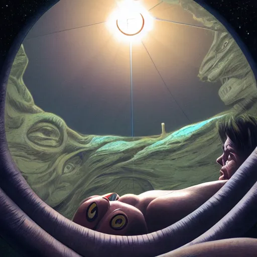 Image similar to waking up from coma, first person view, being cared for by primitive extraterrestrials, cinematic, worm's eye view, dramatic lighting, illustration, ron cobb, mike mignogna, science fiction