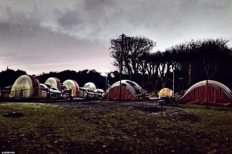 Image similar to post apocalyptic over grown leisure centre being used as shelter, night!!!! dusk, evening, dark, barrel fires and tents, low light