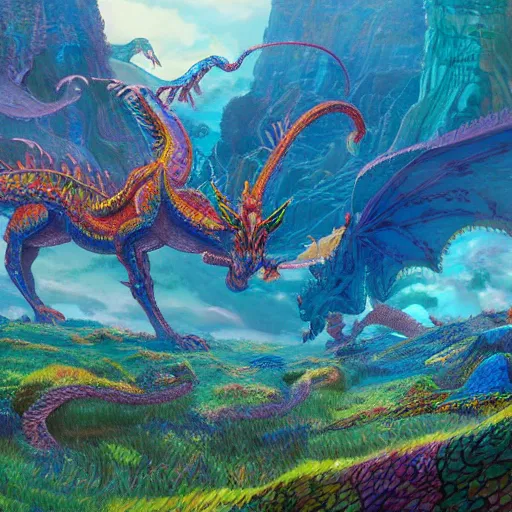 Image similar to concept art painting of a psychedelic dragon landscape made of thousands of dragons, realistic, detailed, cel shaded, in the style of makoto shinkai and greg rutkowski and james gurney