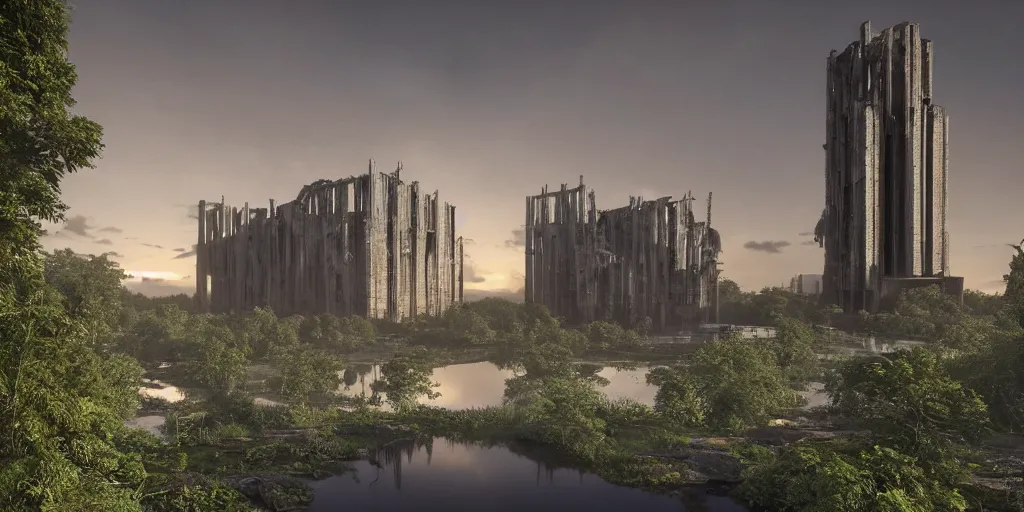 Prompt: an extremely detailed cathedral of brutalist architecture, surrounded by lush green forest, ponds of water, stunning volumetric lighting, sunset, rusted metal, solid concrete, stunning skies, trending on Artstation, 8k, photorealistic, hyper detailed, unreal engine 5, IMAX quality, cinematic, epic lighting, in the style of Greg Rutkowski