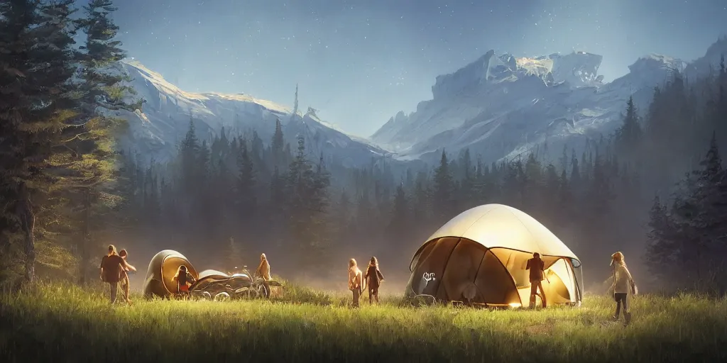 Image similar to cabela's tent futuristic pop up family pod, cabin, modular, person in foreground, mountainous forested wilderness open fields, beautiful views, painterly concept art, joanna gaines, environmental concept art, farmhouse, magnolia, concept art illustration by ross tran, by james gurney, by craig mullins, by greg rutkowski trending on artstation