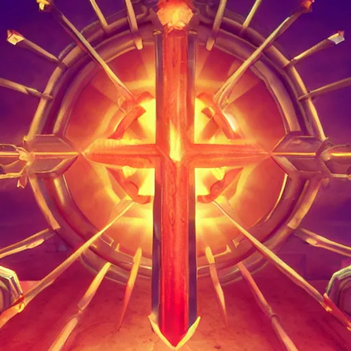 Image similar to symmetrical game sigil of giant medieval swords crossed, red powerful fantasy epic legends, game icon stylized, digital illustration radiating, a glowing aura, global illumination, ray tracing, 8 k high definition, intricate details, octane render, unreal engine, trending on arstation