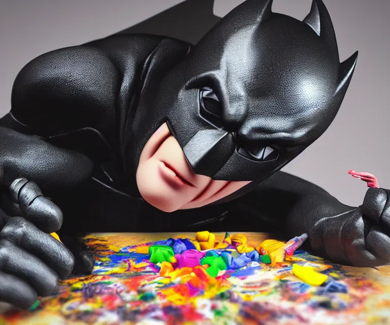 Prompt: “ sad batman, eating crayons from the box, small hands, simple, hyperrealism, photorealistic, hyperrealism, highly detailed, octane render, 8 k, high def ”