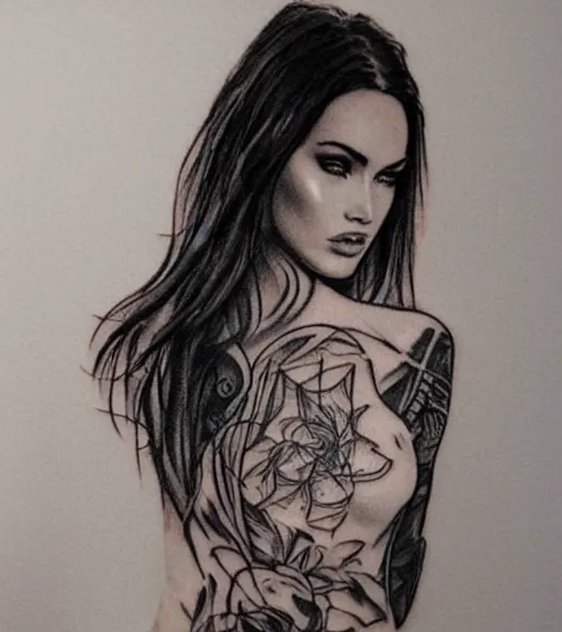 Image similar to double exposure effect tattoo design sketch of megan fox with beautiful mountain scenery, realism tattoo, in the style of matteo pasqualin, amazing detail, sharp