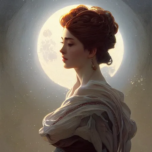 Image similar to Portrait of a moon, intricate, elegant, highly detailed, digital painting, artstation, concept art, smooth, sharp focus, illustration, art by artgerm and greg rutkowski and alphonse mucha