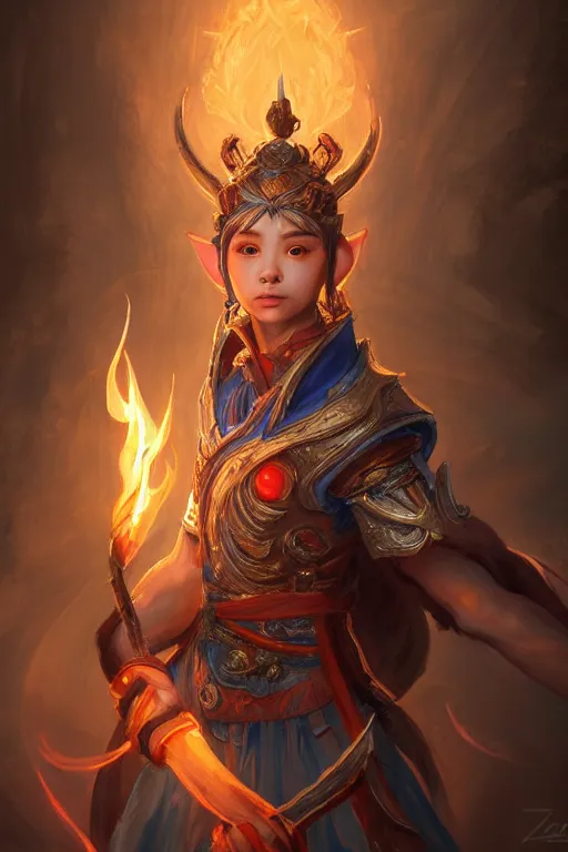 Image similar to a masterpiece portrait of nezha, young elf prince holding spear, flame everywhere, epic pose, fantasy character portrait, closeup shot, hyper detailed, digital painting, 8 k realistic, trending on artstation, sharp focus, dof, by fenghua zhong, artgerm, ne zha from smite, jeff easley, raymond swanland