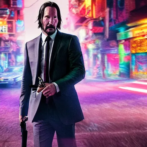 Image similar to Keanu Reaves riding a unicorn thought a HDR neon lit alley, a still shot from John Wick 2, holding a gin, holding an mk-18 at character dressed as Luigi from Mario, epic fantasy style, digital art, 8k high defition