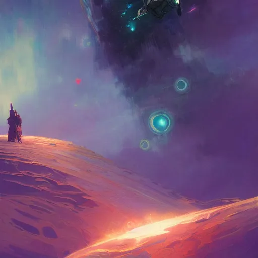 Image similar to digital painting of a man ascending to galactical bliss, stars and nebulas behind, dynamic lighting, cinematic shot, concept art, sci - fi, fantasy, artstation, artem demura, alphonse mucha