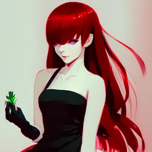Prompt: elegent girl with red hair and green eyes, wearing a white dress, red and black color palette, in the style of and ilya kuvshinov and greg rutkowski, high quality anime artstyle, intricate