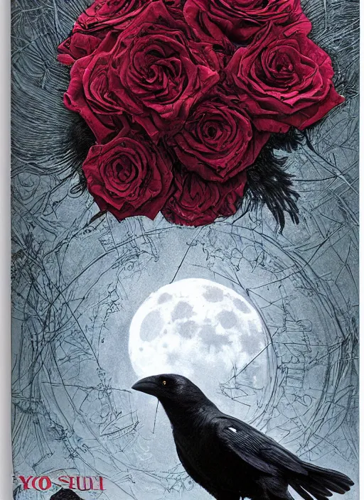 Image similar to portrait, A crow with red eyes in front of the full big moon, book cover, red roses, red white black colors, establishing shot, extremly high detail, foto realistic, cinematic lighting, pen and ink, intricate line drawings, by Yoshitaka Amano, Ruan Jia, Kentaro Miura, Artgerm, post processed, concept art, artstation, matte painting, style by eddie mendoza, raphael lacoste, alex ross