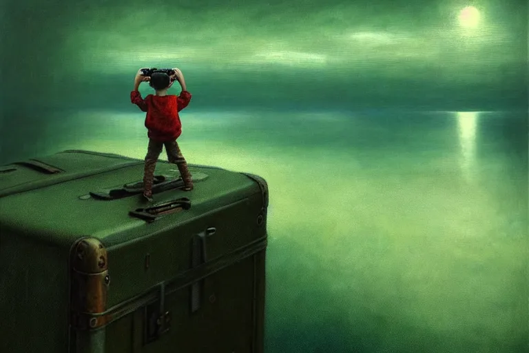 Image similar to hyperrealistica boy with binoculars sits on a suitcase floating on the sea, in the style of beksinski, solarpunk, atmospheric, clean, intricate and epic composition, green by caravaggio, insanely quality, highly detailed, masterpiece, blue light, artstation, 4 k