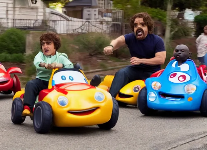 Image similar to peter dinklage racing gary coleman driving a little tikes cars, movie still, from the new fast and furious movie, 8 k, realistic