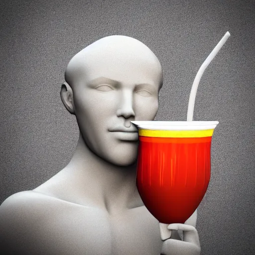 Image similar to a 3 d white marble human head holding a coctail, colorful coctail, digital illustration, 3 d render, amazing detail