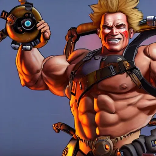 Image similar to a screenshot of arnold schwarzenegger as junkrat in overwatch