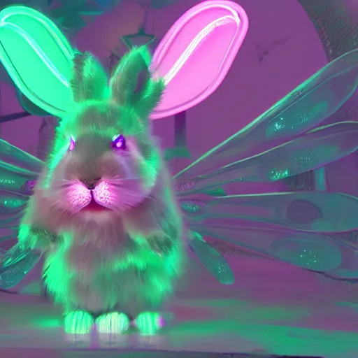 Image similar to neon fluorescent, iridescent cute bunny rabbits with fairy wings cyperpunk 2 0 7 7, unreal engine 5, 8 k ultra realistic, hyperdetailed, volumetric lighting, extremely high quality, vector art, illustration by frank frazetta