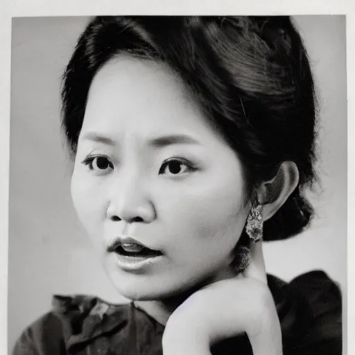 Prompt: vintage photograph of indonesian female singer, haunting expression