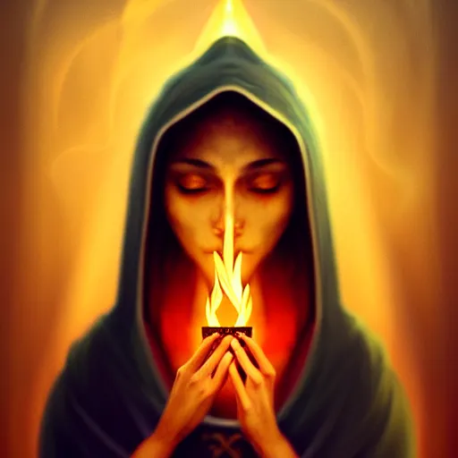 Image similar to ( a priestess with a hood that covers half her face carries an incense burner that emits a pleasantly colored flame. ) by anato finnstark, photorealistic, full body portrait, dynamic lighting, beautiful, trending on artstation, wallpaper, 4 k, award winning, digital art, golden hues, dream background