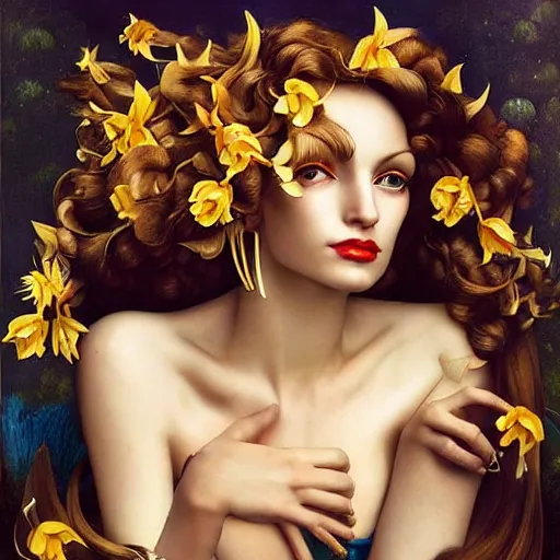 Prompt: dynamic composition, woman with hair of ( daffodils )!! and ( spring flowers ) wearing ornate earrings, ornate gilded details, a surrealist painting by tom bagshaw and jacek yerga and tamara de lempicka and jesse king, wiccan, pre - raphaelite, featured on cgsociety, pop surrealism, surrealist, dramatic lighting