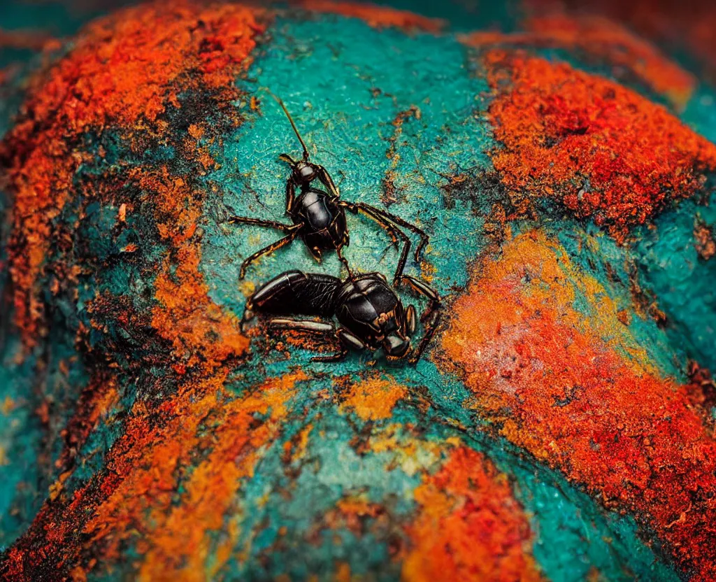 Image similar to a closeup of a beautiful colorful beetle coleoptera by gustave boulanger, frank frazetta, zhang kechun. icelandic landscape. bright, luminous, well - lit, sharp focus, high quality, award - winning national geographic by clemens ascher, paul barson, elsa bleda.