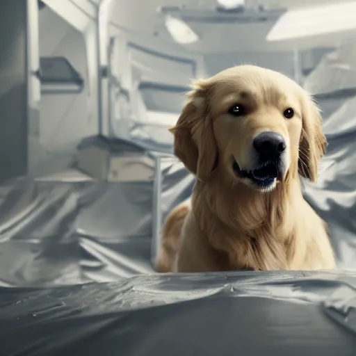 Image similar to golden retriever in hazmat suit, 8 k, cinematic, ultra realistic