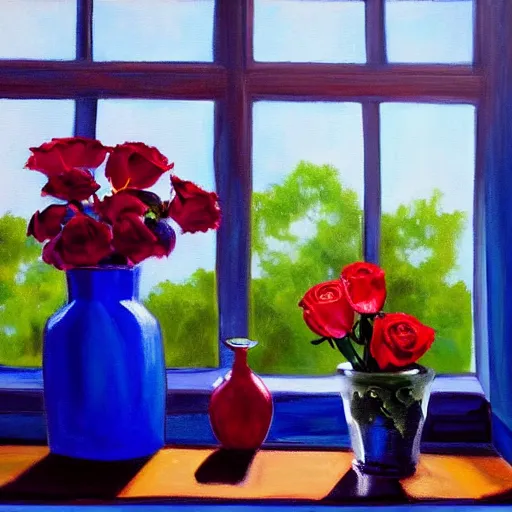 Image similar to A painting of a windowsill with two vases, one containing a red rose and the other containing a blue violet. The natural light from the window would be shining in on the scene. Trending on artstation