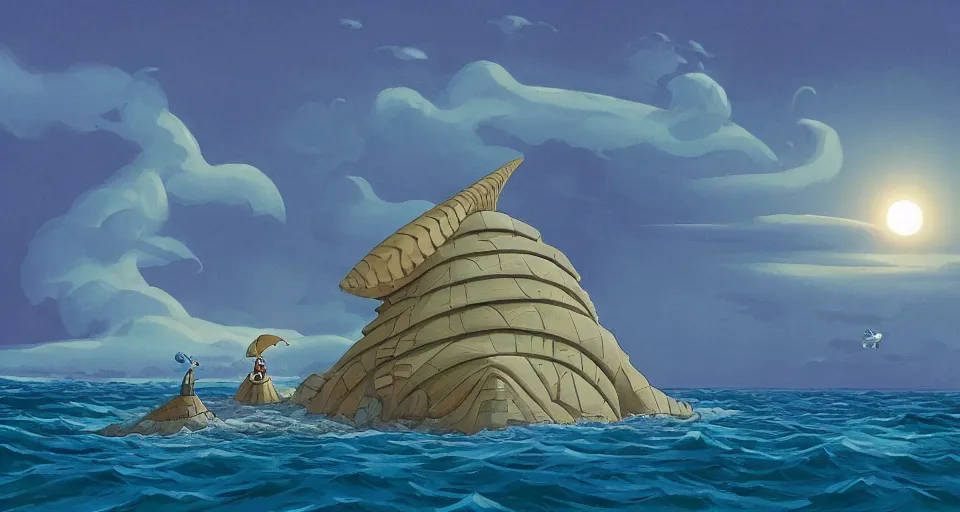 Prompt: giant seashell house in the ocean, by laika, ralph mcquarrie, in the style of zelda windwaker