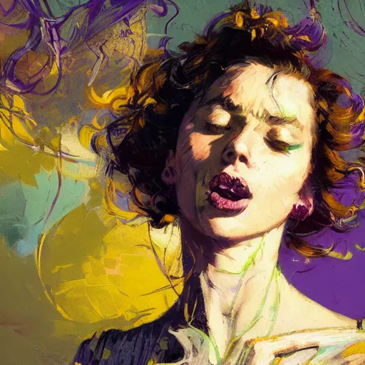 Prompt: portrait of a beautiful woman with dark curls, ecstatic, mouth half open, eyes closed, shades of yellow and purple, rule of thirds, intricate patterns, spotlight, by greg rutkowski, by jeremy mann, by francoise nielly, by van gogh, digital painting