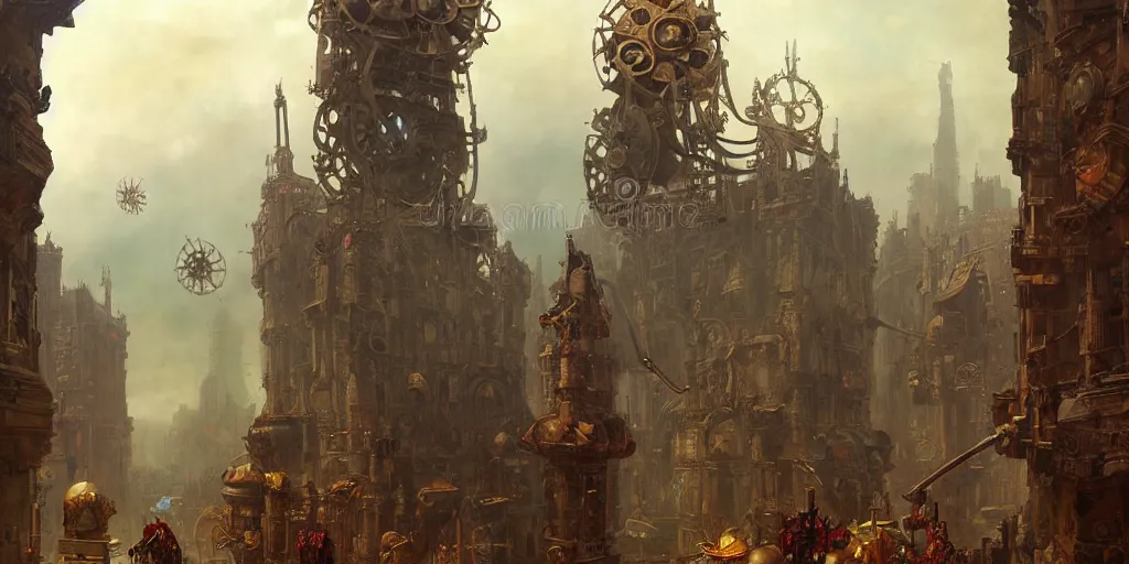 Image similar to giant cog floating in the sky medieval city standing on a giant cog gear mechanism buildings vista artstation illustration sharp focus sunlit vista painted by ruan jia raymond swanland lawrence alma tadema zdzislaw beksinski norman rockwell tom lovell alex malveda greg staples