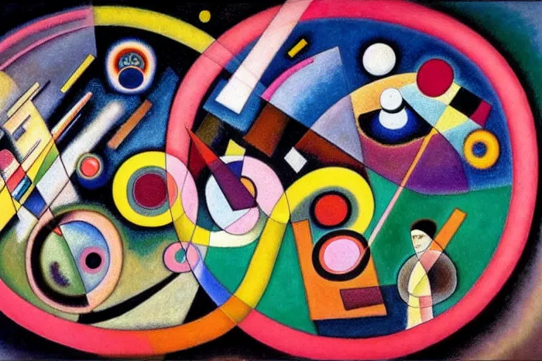 Prompt: ( ( a beautiful 8 k photorealistic masterpiece oil painting ) ( of ( a group of people standing in a ring trying to change the action of the mechanisms with their hands ) ) ( logo ) ( painted by wassily kandinsky ) ( hyperrealism ) ( 1 6 k ) ( in a dark circle as the background )