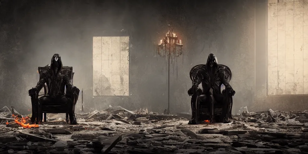 Prompt: a evil villian on a throne ordering to assassinate a prisoner in a destroyed building on an island, fire, night, dark, evil, chainsaw, pits, mysterious, murder, blood, unreal 5, hyper - realistic, realistic, photorealistic, dynamic lighting, highly detailed, cinematic landscape, studio landscape, studio lighting