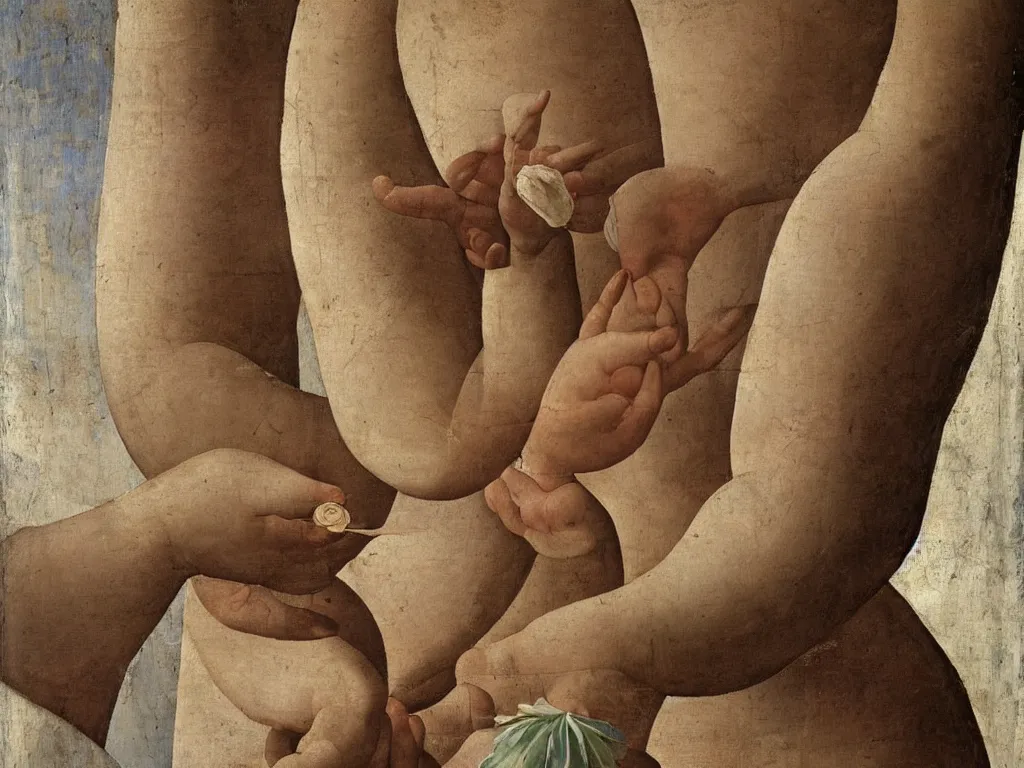 Prompt: Close up of delicate hands holding lily flower, white water jug, nipple, dress, conch shell, moth. Roman painting, painting by Piero della Francesca, Morandi