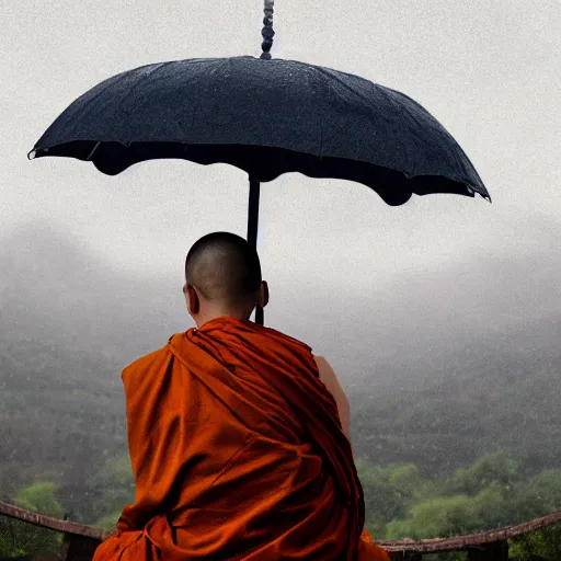 Image similar to buddhist octopus monk overlooking a rainy landscape, golden hour, highly detailed, 8 k, trending on artstation, award - winning art,