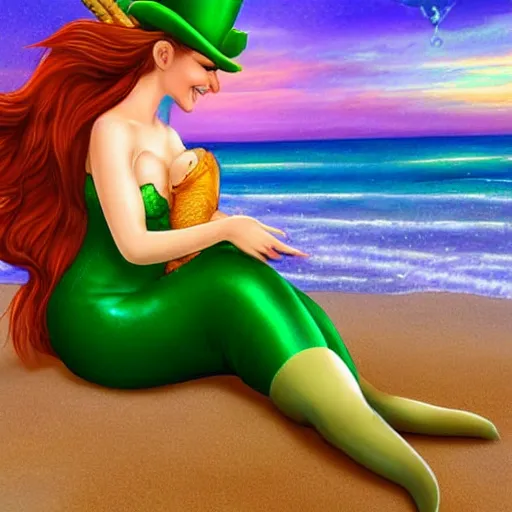 Prompt: a leprechaun wearing overauls kissing the mermaid ariel on the beach. the sun is setting in the background, bathing the scene in beautiful golden light. chateau, 3 d art, digitial illustration, nordic pastel colors, perfect lightning