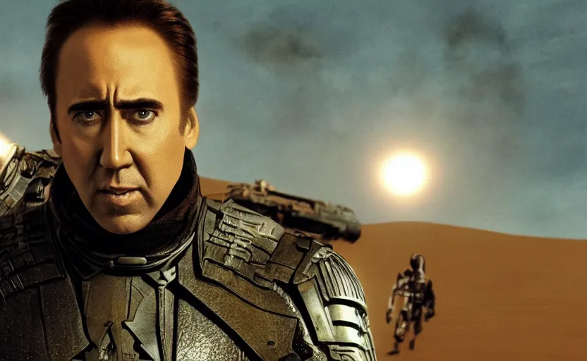 Image similar to Nicholas Cage!! in Dune 2021 by denis villeneuve, screenshot, still, movie poster, wallpaper, movie scene, Dune!