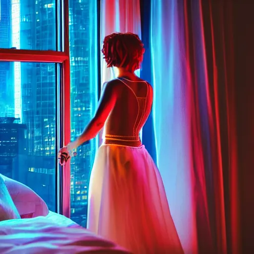 Image similar to dancing girl wearing a gown, short hair, bed room, cyberpunk city view out of the window, no lights in bedroom, bright neon lights from the city