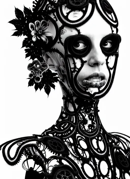 Image similar to surreal black and white photo portrait of complex bio-mechanical beautiful young female vegetal-cyborg with a Mandelbrot fractal steampunk metal fine lace face, a very long neck and a fine metal floral foliage super big lace collar by Alexander McQueen:: high fashion, haute couture, rococo, steampunk, silver filigree details, anatomical, facial muscles, cable wires, microchip, elegant, dreamy, foggy, hyper realistic, 150 mm lens, soft rim light, octane render, unreal engine, picture was taken in 1910 by Dora Maar, volumetric lighting, dramatic light,8k,