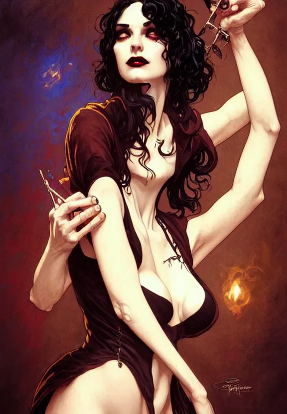 Image similar to perky character death from comic book the sandman in a small 5 0 ’ s style diner, fantasy magic, dark light night, intricate, elegant, sharp focus, illustration, highly detailed, digital painting, concept art, matte, art by wlop and artgerm and greg rutkowski and alphonse mucha, masterpiece