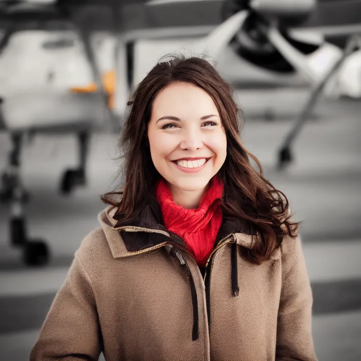 Image similar to a beautiful girl from minnesota, brunette, joyfully smiling at the camera opening her brown eyes. thinner face, irish genes, dark chocolate hair colour, wearing university of minneapolis coat, perfect nose, morning hour, plane light, portrait, minneapolis as background. healthy, athletic, in her early 2 8 s