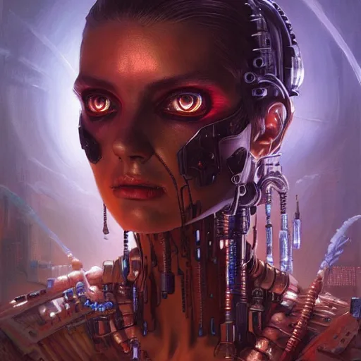 Prompt: a hyperrealistic acrylic portrait painting of a cyberpunk - necromancer by artgerm, beksinski and thomas kinkade. intricate details. believable eyes. head and shoulders. front on, symmetrical. epic fantasy art.