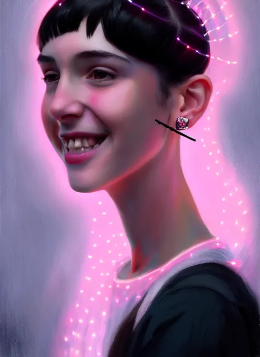 Image similar to portrait of teenage girl, realistic, black hair, bangs, half updo hairstyle, pointy nose, skinny, smile, ugly, defined jawline, big chin, pink hair bow, earrings, intricate, elegant, glowing lights, highly detailed, digital painting, artstation, sharp focus, illustration, art by wlop, mars ravelo and greg rutkowski