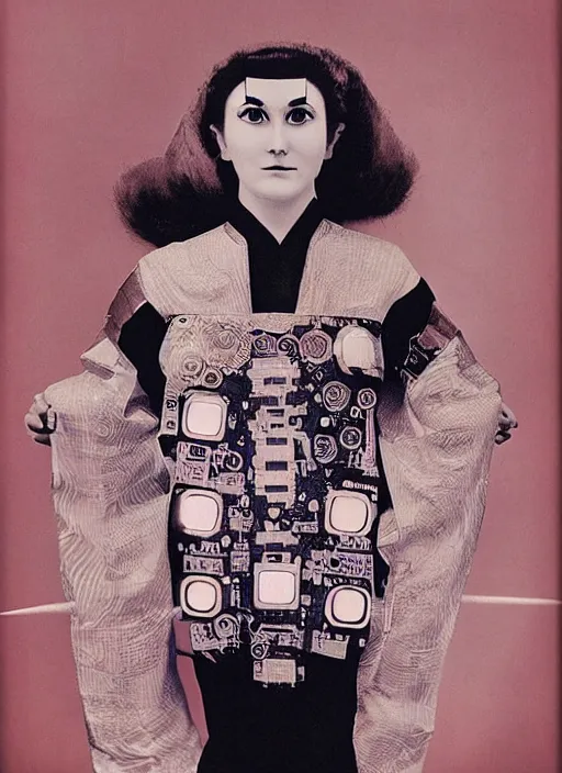 Image similar to Portrait of a fractal cosmonaut girl wearing kimono made of circuits and leds, surreal photography by Man Ray