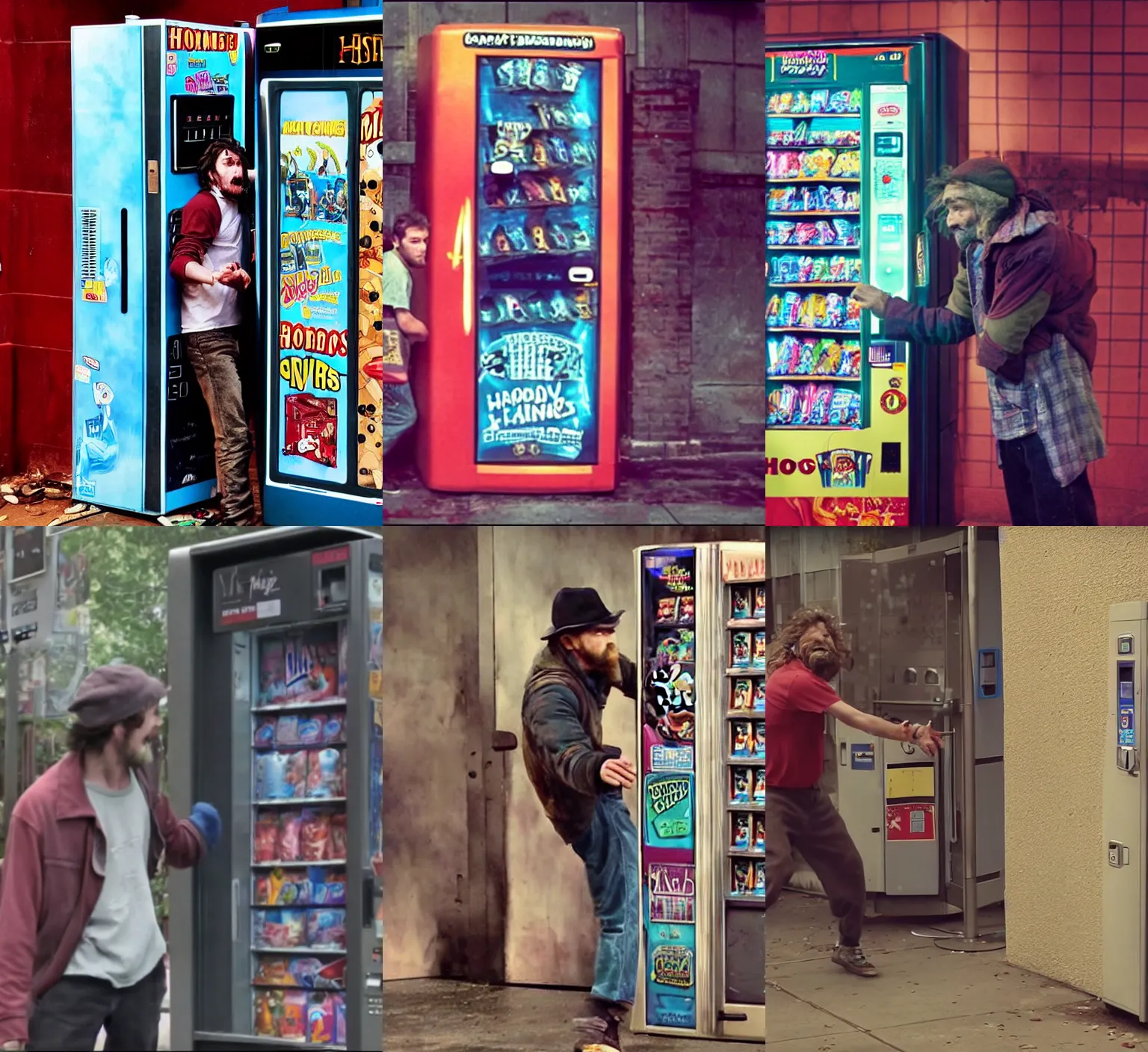 Prompt: hobo fighting a vending machine, still from a disney channel comedy, 2 0 1 5 cinematography, vfx by framestore