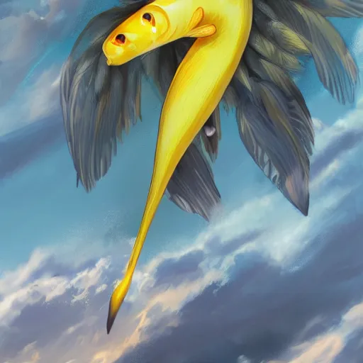 Image similar to a flying banana fish, shocked look, huge eyes, highly detailed, digital painting, artstation, concept art, sharp focus, illustration