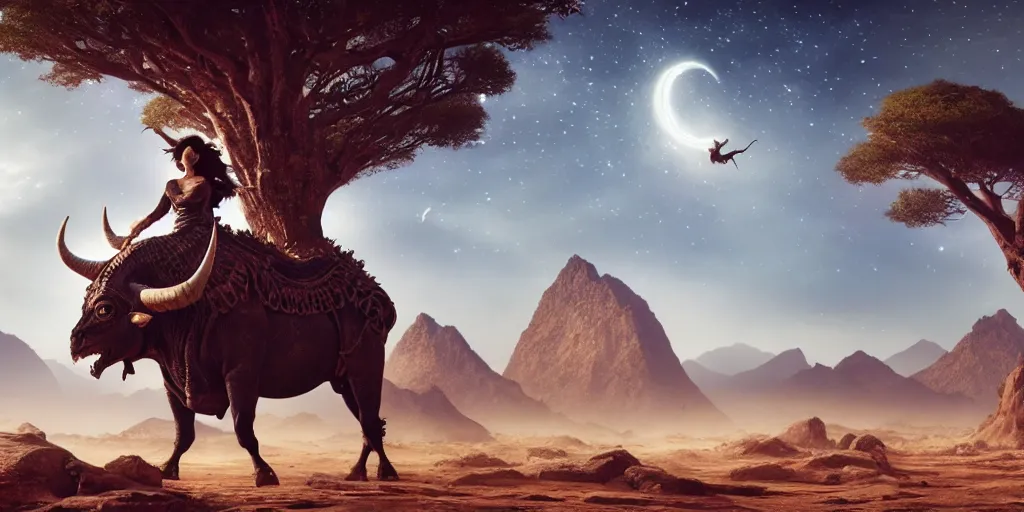 Image similar to a beautiful ornate woman, riding a bull in socotra island with dragon trees, starry night, sharp focus, wide shot, trending on artstation, masterpiece, by greg rutkowski, by ross tran, by fenghua zhong, octane, soft render, ultrarealistic, colorful, cinematic, shadow of the tomb rider